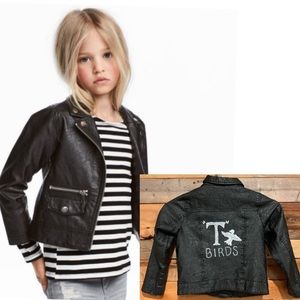 H&M Girl's Custom Painted Faux Leather Moto Jacket "T-Birds" Black Size 7-8Y